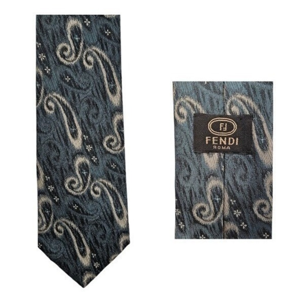Vintage Fendi Italy Designer Silk Paisley Tie 3 1/2 wide 57 in Long Blue Cream - Picture 1 of 7